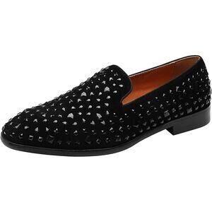 New Elanroman Mens Size 10 Black Rhinestone Tuxedo Slip On Wedding Loafer Shoes